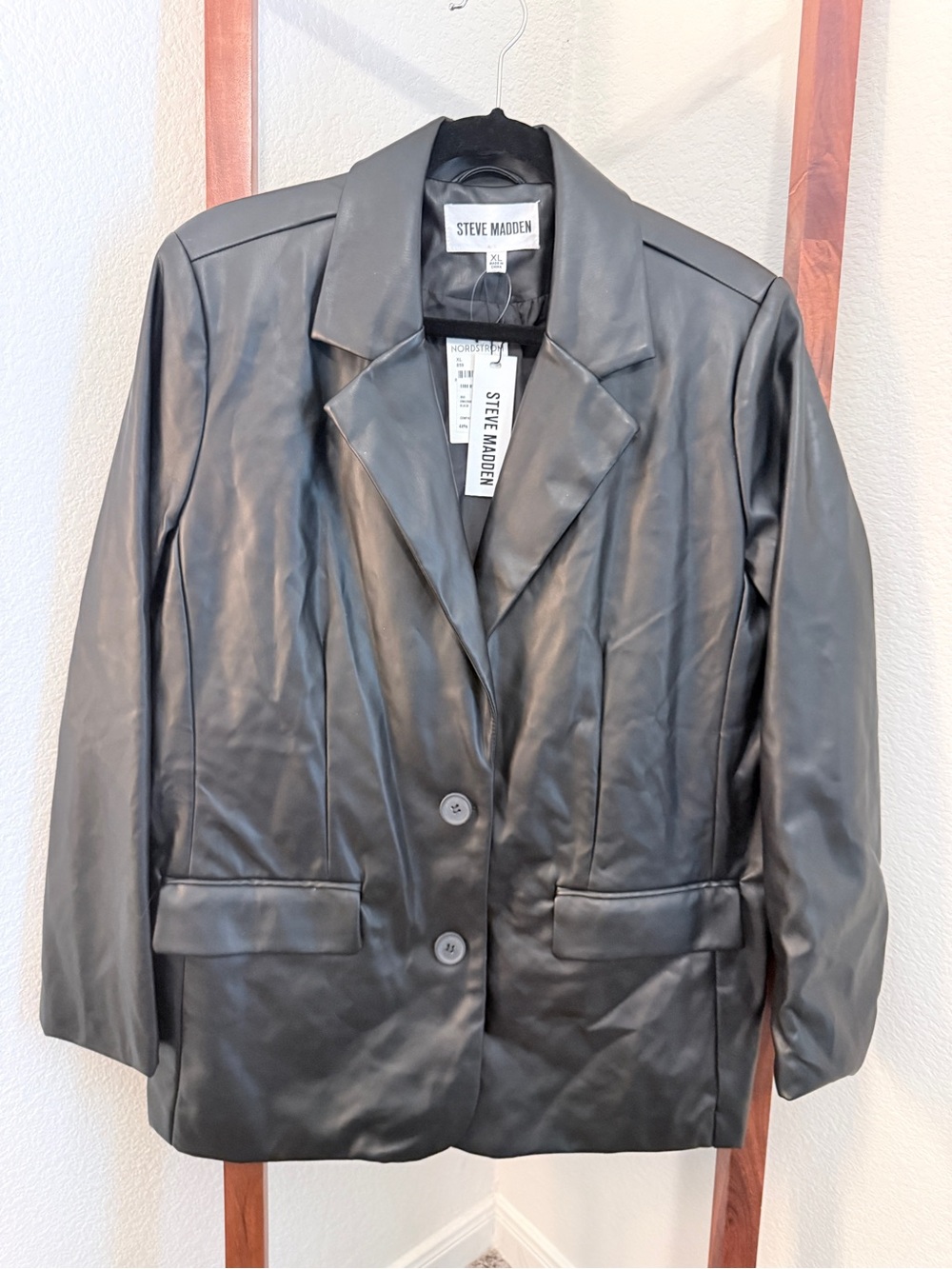 Steve Madden Black Faux Leather Two-Button Blazer
